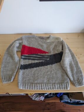 Gray Knit Sweater with Red and Black Accent